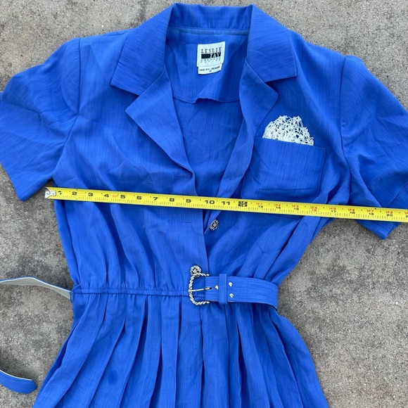 Leslie Fay Petite Vintage Belted Shirt Dress Pleated Career‎ Blue 8P - Picture 11 of 13